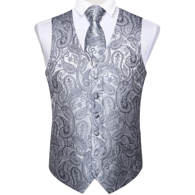 DiBanGu Mens Vest and Tie Set Formal Paisley Waistcoat and Necktie Pocket Square Cufflinks Silk Suit Vest for Tuxedo Wedding, Silver Grey, Large - Image 2